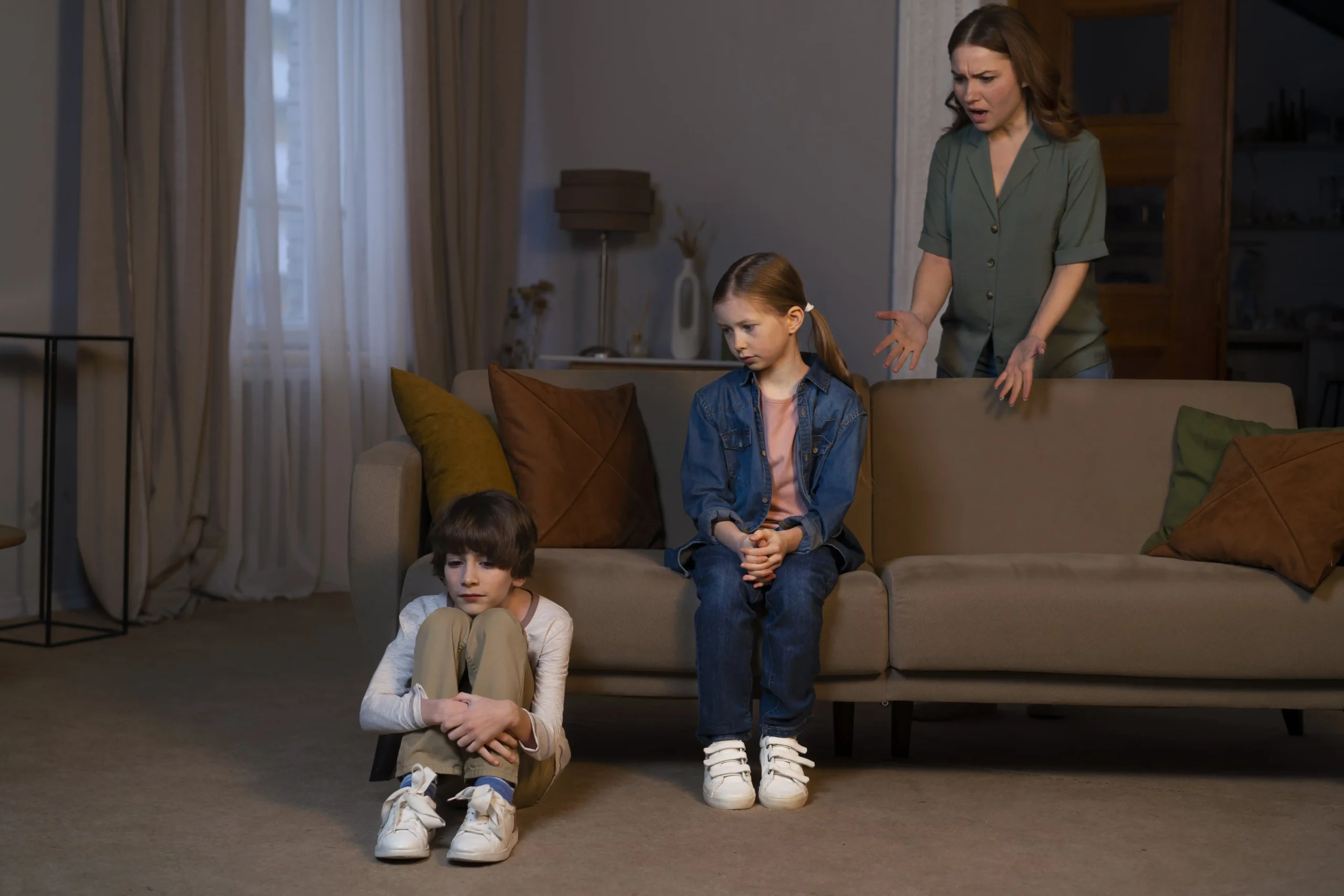 Young children appearing distressed in a tense home environment.